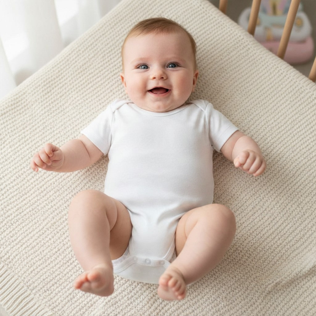 Short-Sleeve Baby Bodysuit – White – styled on baby
