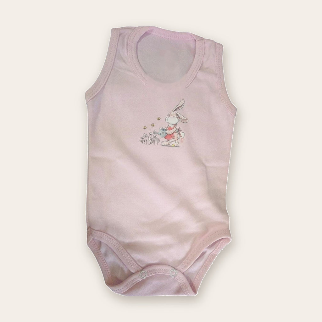 Sleeveless Printed Baby Bodysuit – Pink – front, styled