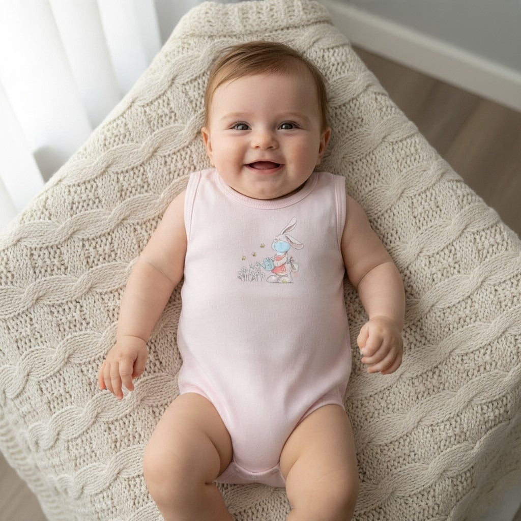 Sleeveless Printed Baby Bodysuit – Pink / Bunny – styled on baby