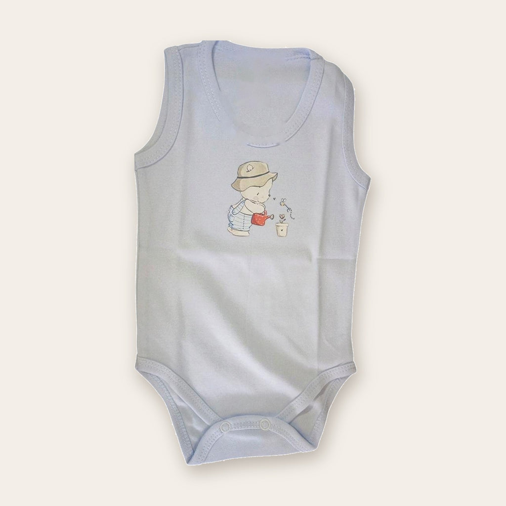 Sleeveless Printed Baby Bodysuit – Baby Blue – front, styled
