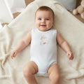 Sleeveless Printed Baby Bodysuit – Baby Blue / Little Gardener – styled on baby