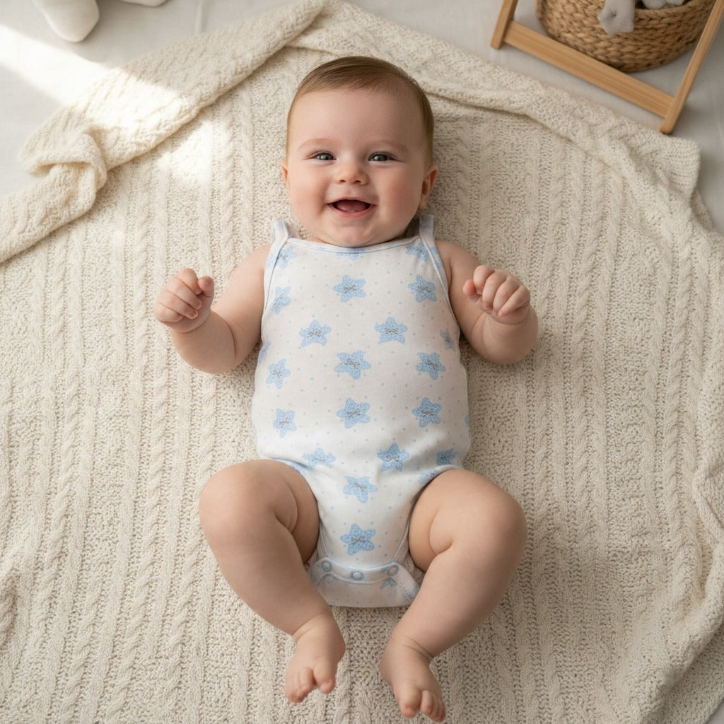 Strappy Printed Baby Bodysuit – White / Stars – styled on baby