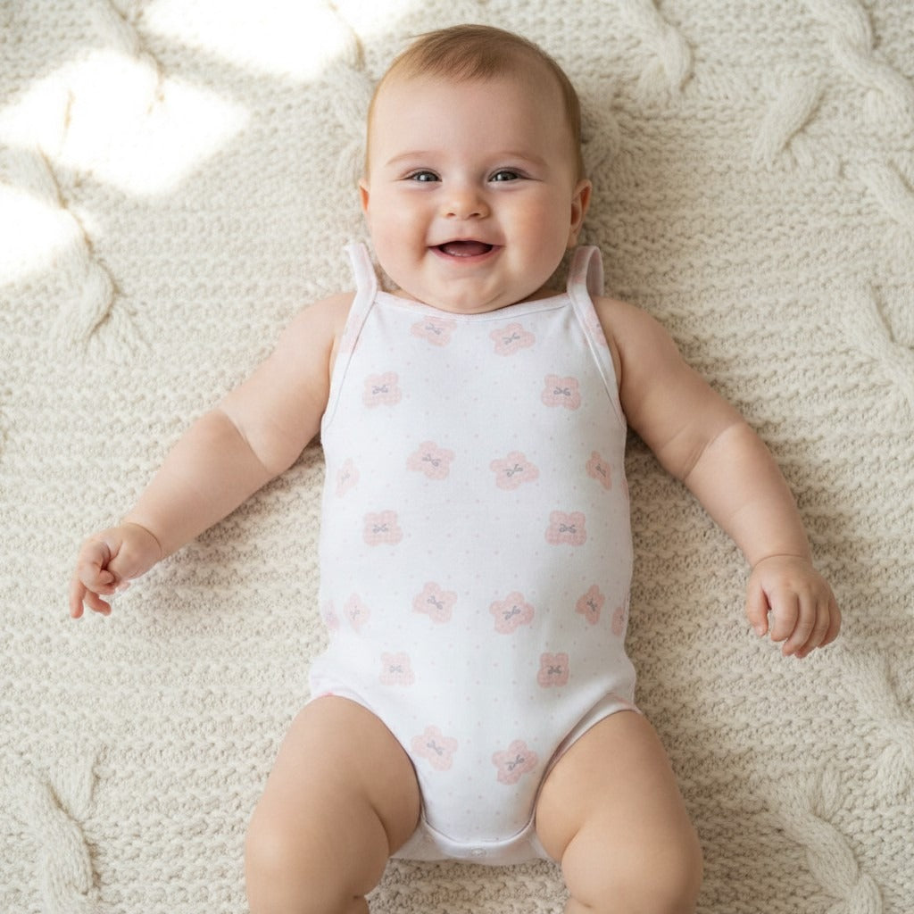 Strappy Printed Baby Bodysuit – White / Butterflies – styled on baby