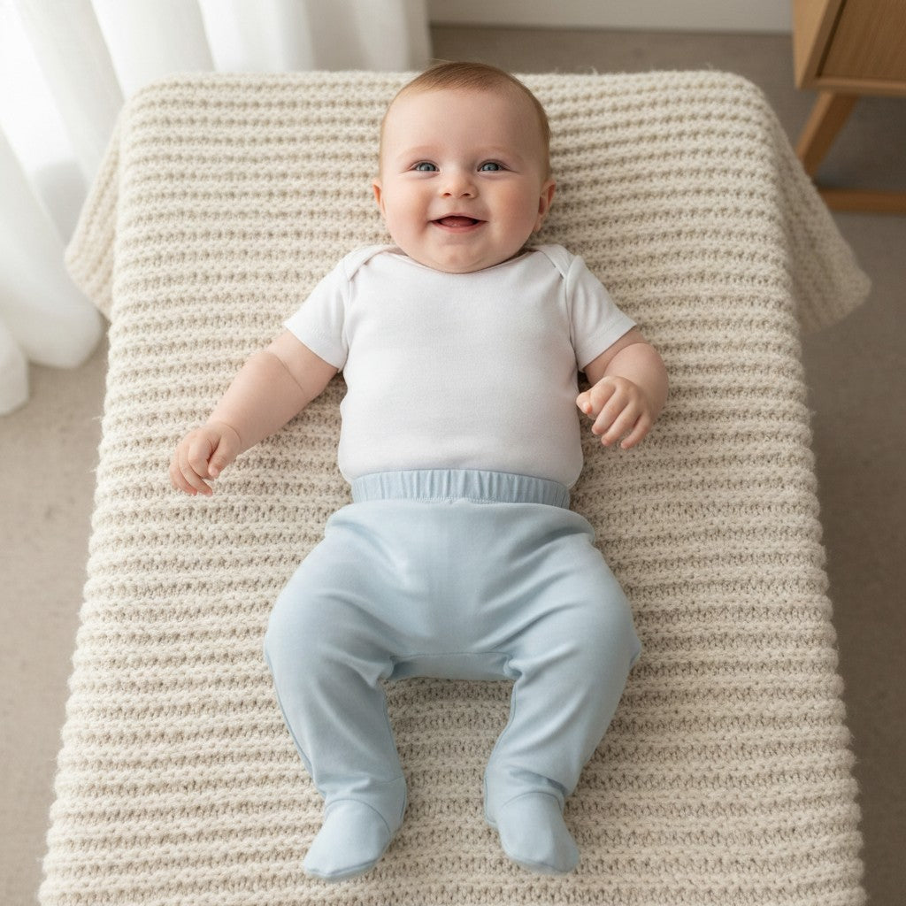 Baby wearing baby blue footed pants, 100% cotton