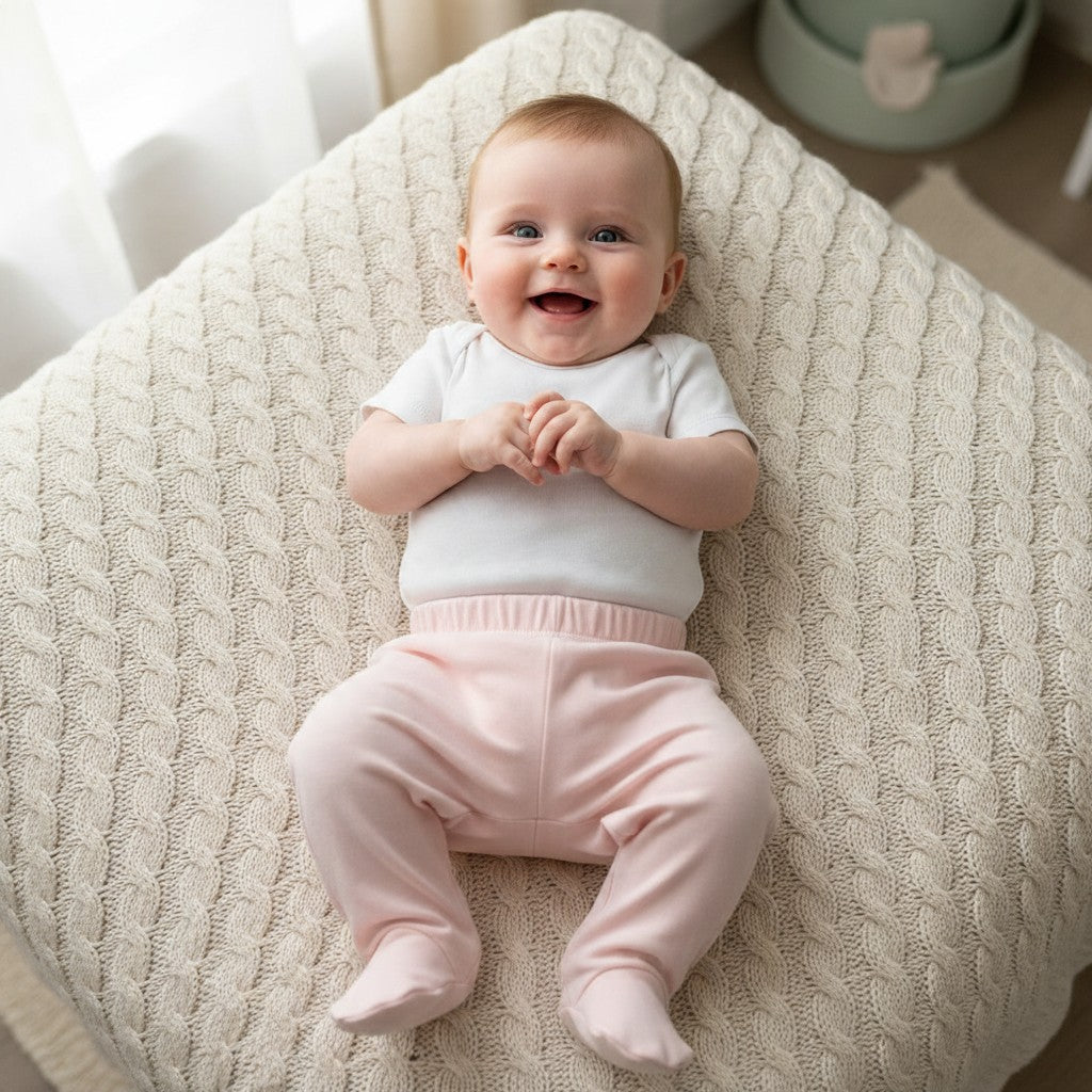 Baby wearing pink footed pants, 100% cotton