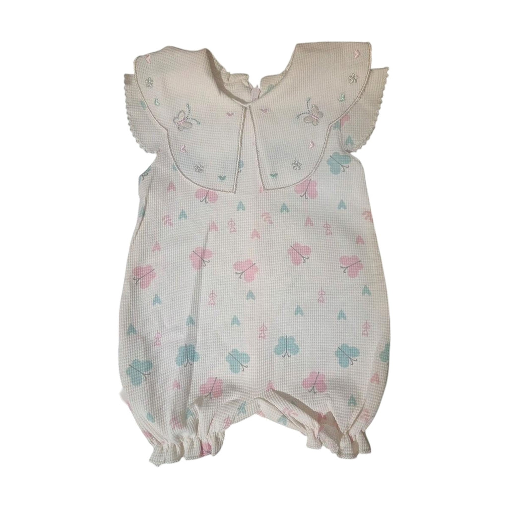 Waffle Baby Romper with Embroidered Collar – White / Butterflies – front