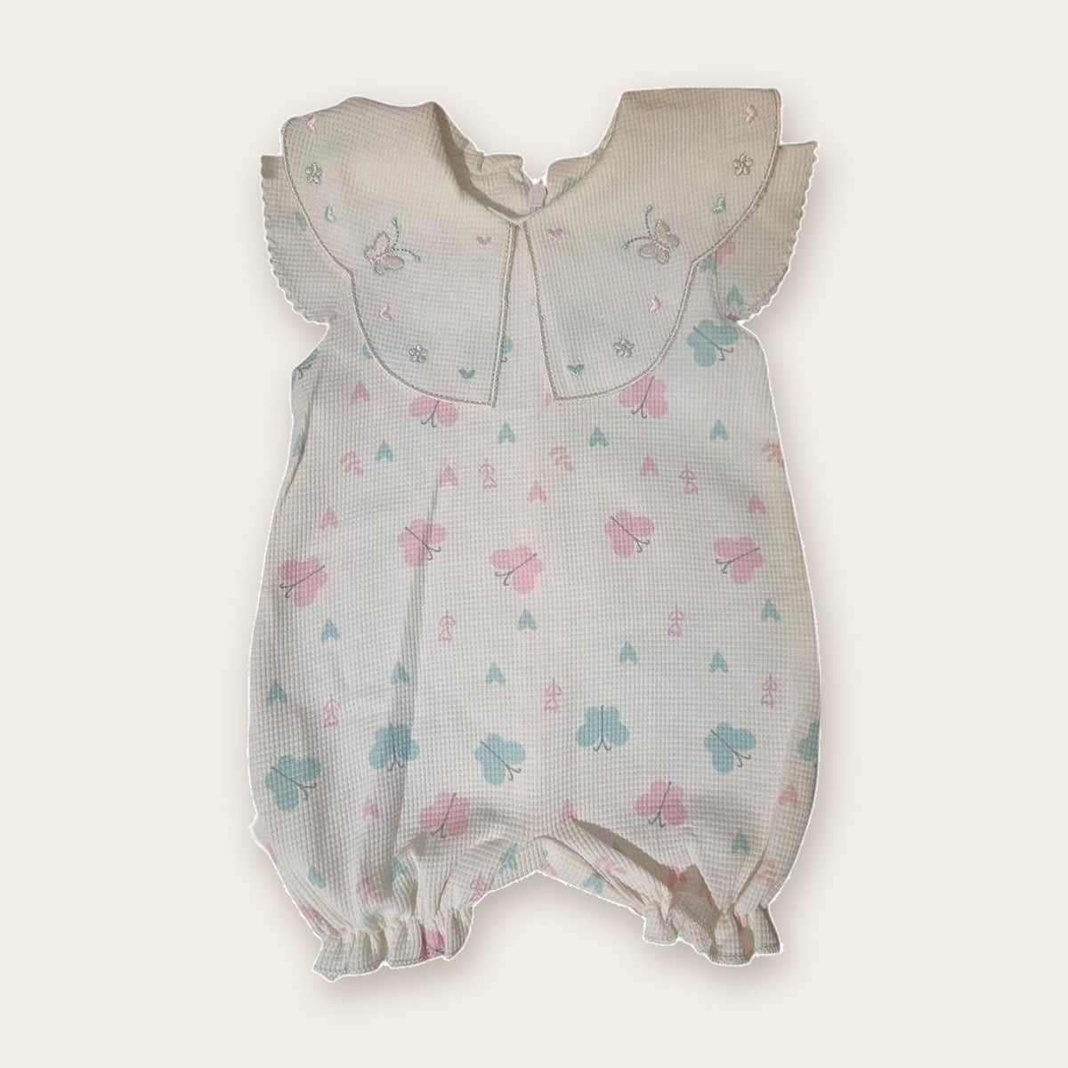 Waffle Baby Romper with Embroidered Collar – White / Butterflies – front, styled