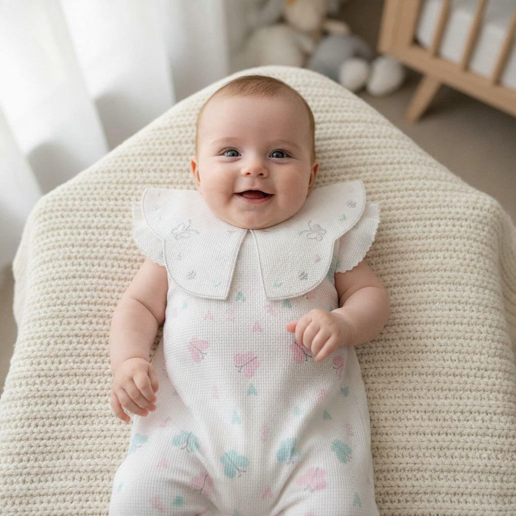 Baby wearing waffle romper with embroidered collar