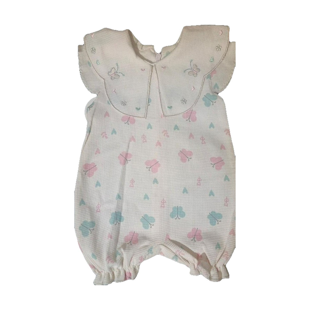 Flutter-Sleeve Waffle Baby Romper – White / Butterflies – front