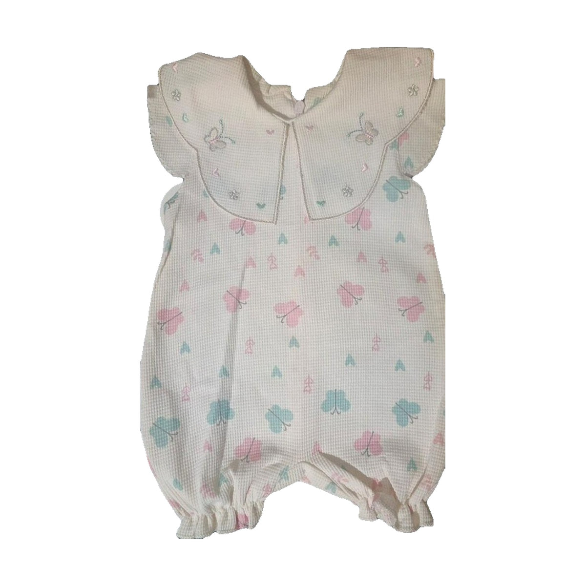 Flutter-Sleeve Waffle Baby Romper – White / Butterflies – front
