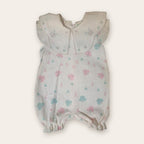Flutter-Sleeve Waffle Baby Romper – White / Butterflies – front, styled