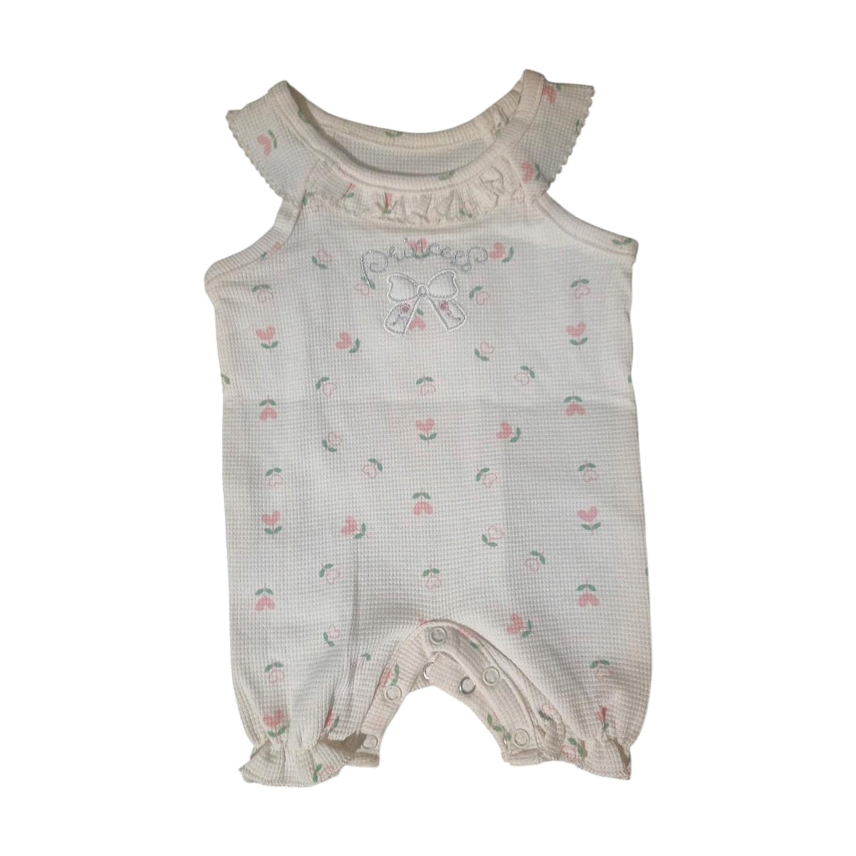 Flutter-Sleeve Waffle Baby Romper – White / Tulips – front