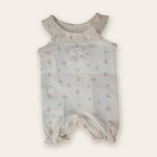 Flutter-Sleeve Waffle Baby Romper – White / Tulips – front, styled