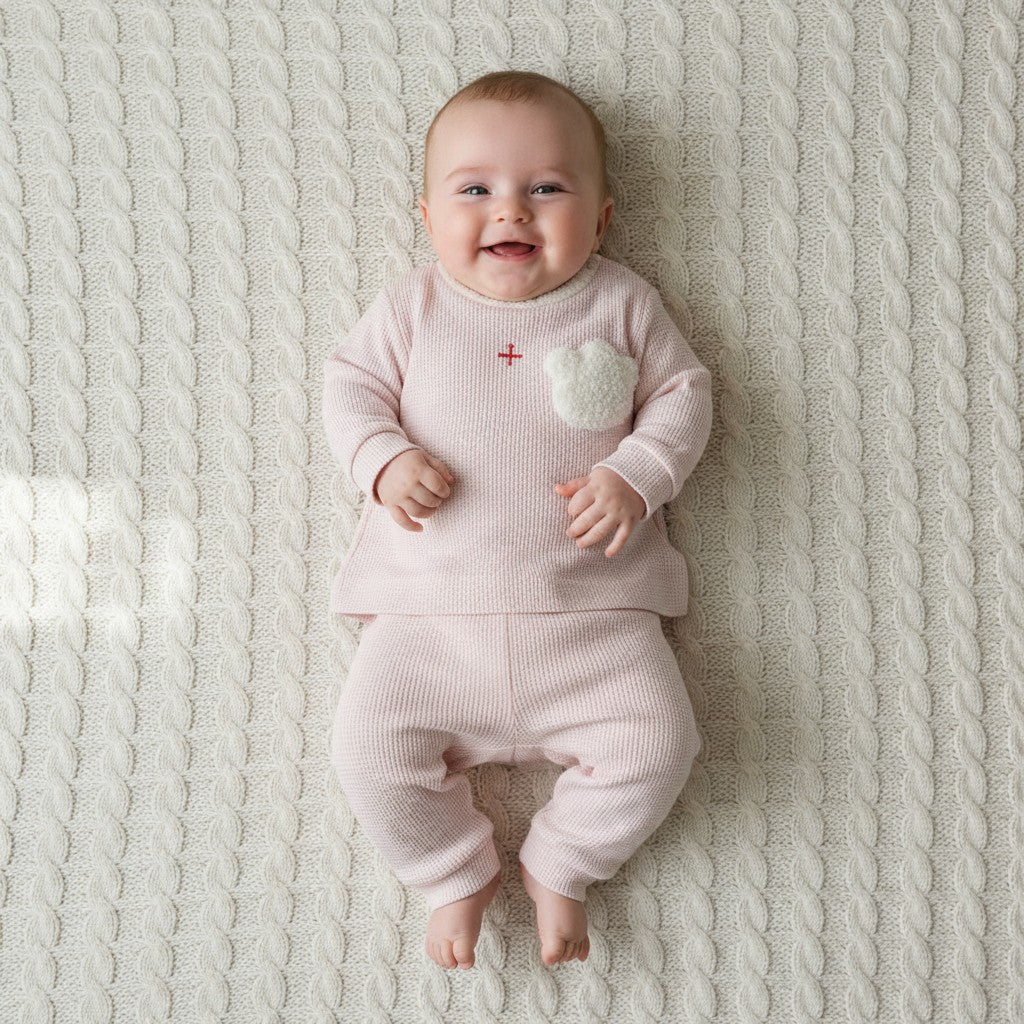 Baby wearing pink waffle 2-piece set