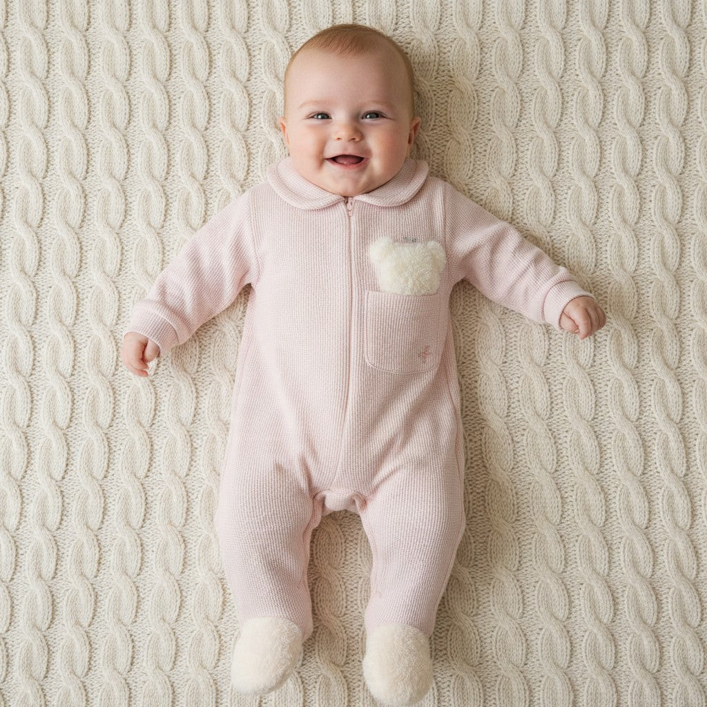 Baby wearing pink waffle jumpsuit