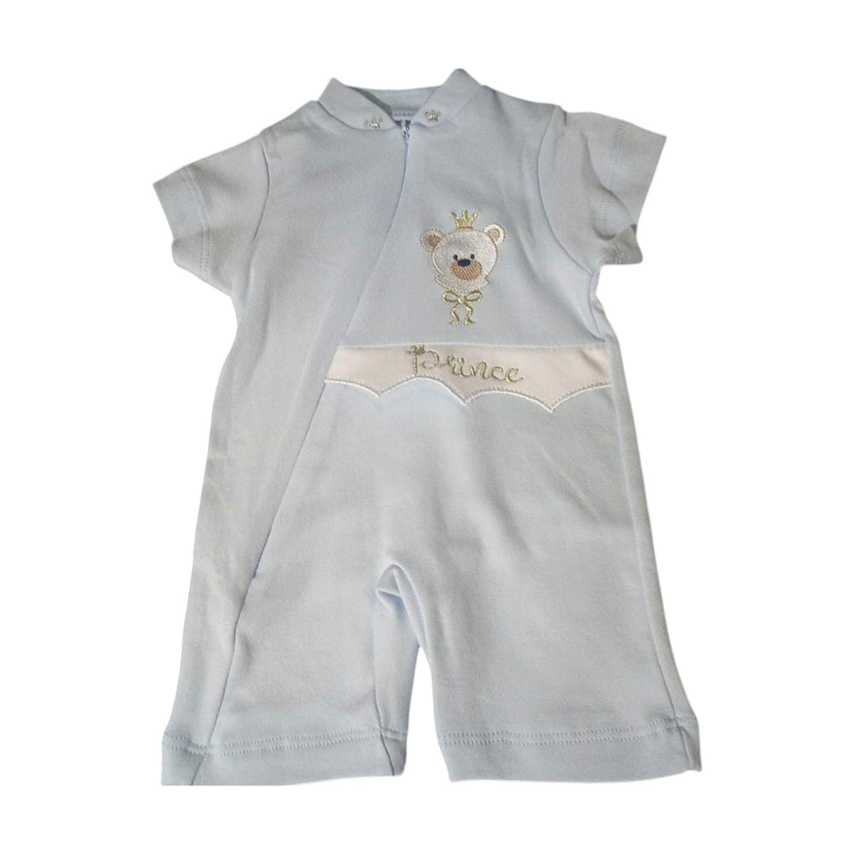 Embroidered Teddy Short Baby Romper – Baby Blue – front