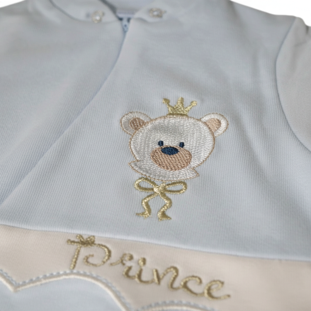 Embroidered Teddy Short Baby Romper – Baby Blue – close-up of teddy embroidery