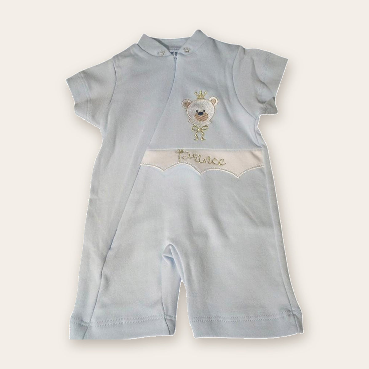 Embroidered Teddy Short Baby Romper – Baby Blue – front, styled
