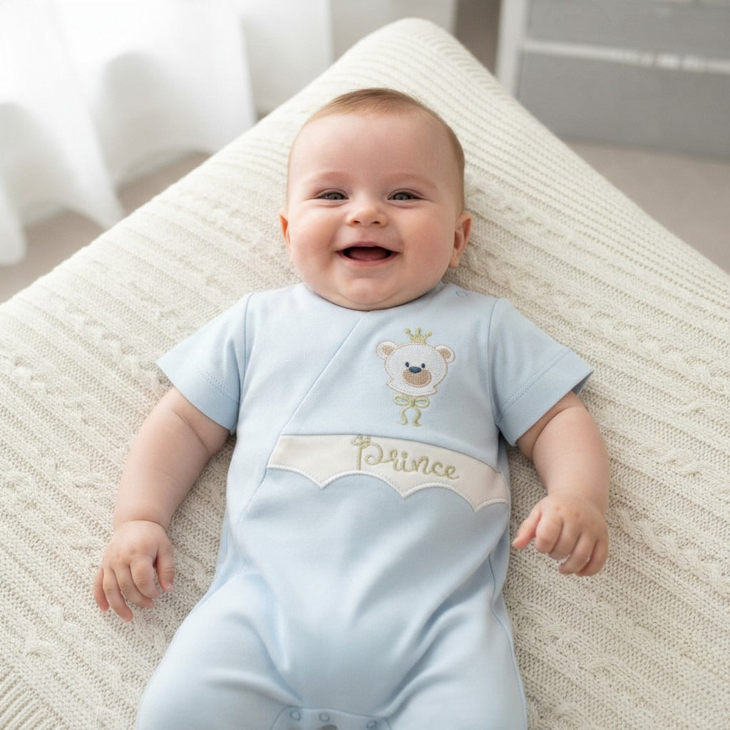 Embroidered Teddy Short Baby Romper – Baby Blue – styled on baby