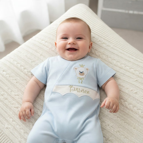 Embroidered Teddy Short Baby Romper – Baby Blue – styled on baby