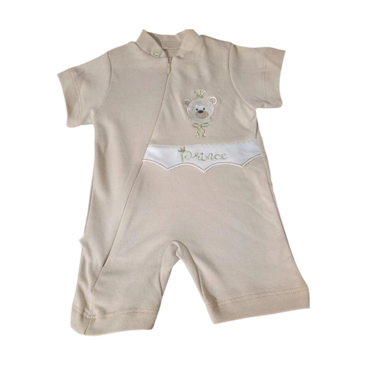 Embroidered Teddy Short Baby Romper – Beige – front