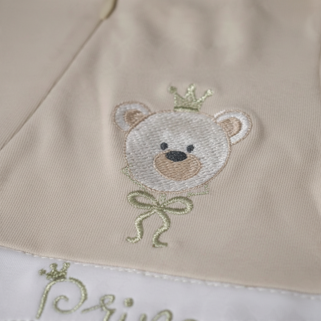 Embroidered Teddy Short Baby Romper – Beige – close-up of teddy embroidery