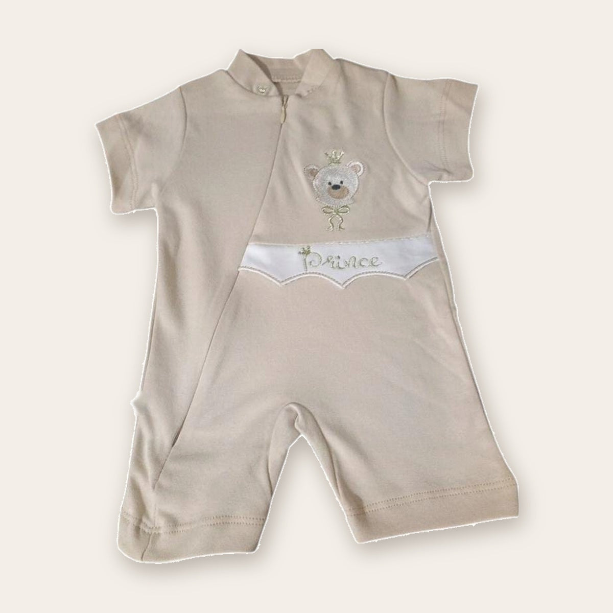 Embroidered Teddy Short Baby Romper – Beige – front, styled