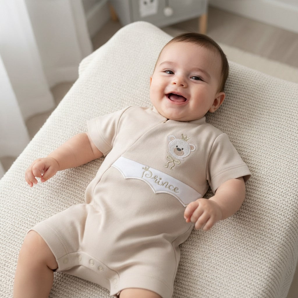 Embroidered Teddy Short Baby Romper – Beige – styled on baby