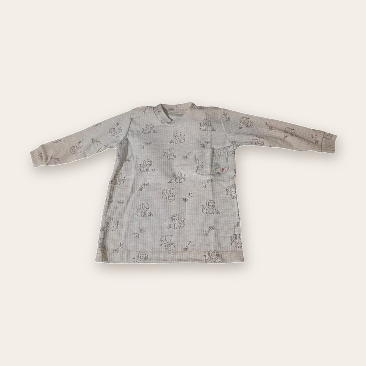 Lion Print Waffle Pyjama Set – Light Brown / Lion – front, styled