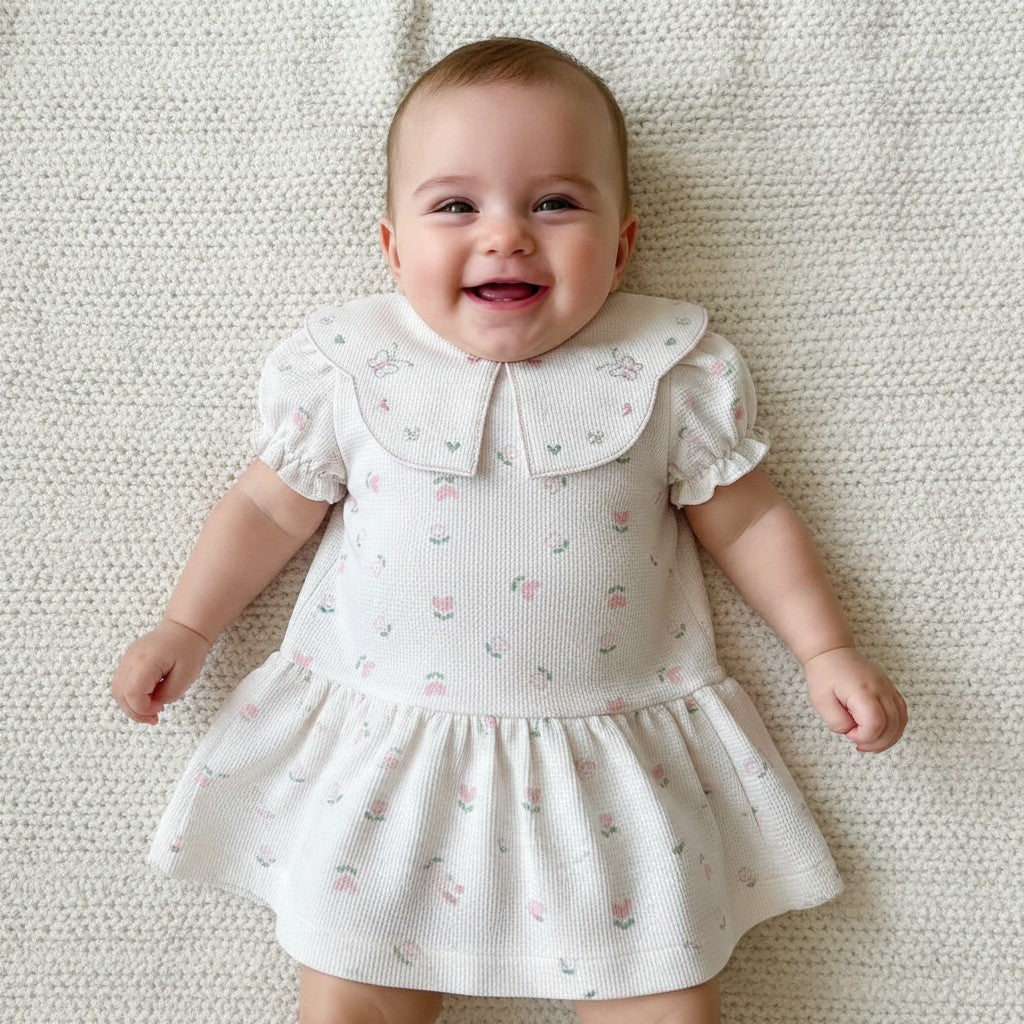 Baby wearing floral waffle dress with collar