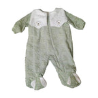 Velvet Footed Baby Sleepsuit with Embroidered Collar – Sage Green / Teddy – front