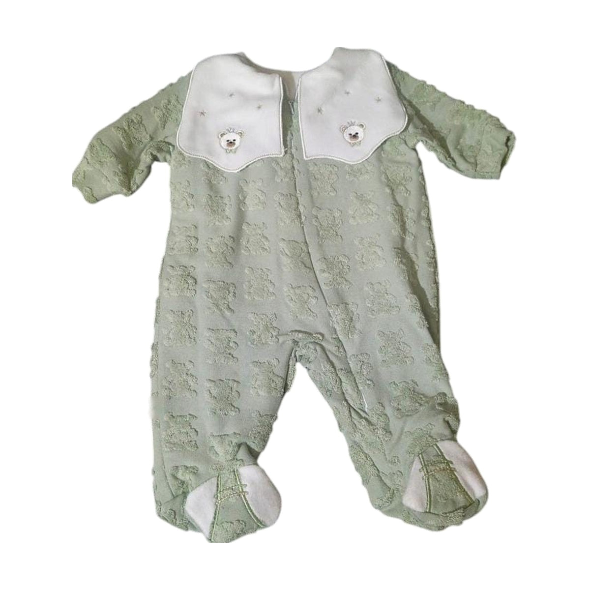 Velvet Footed Baby Sleepsuit with Embroidered Collar – Sage Green / Teddy – front
