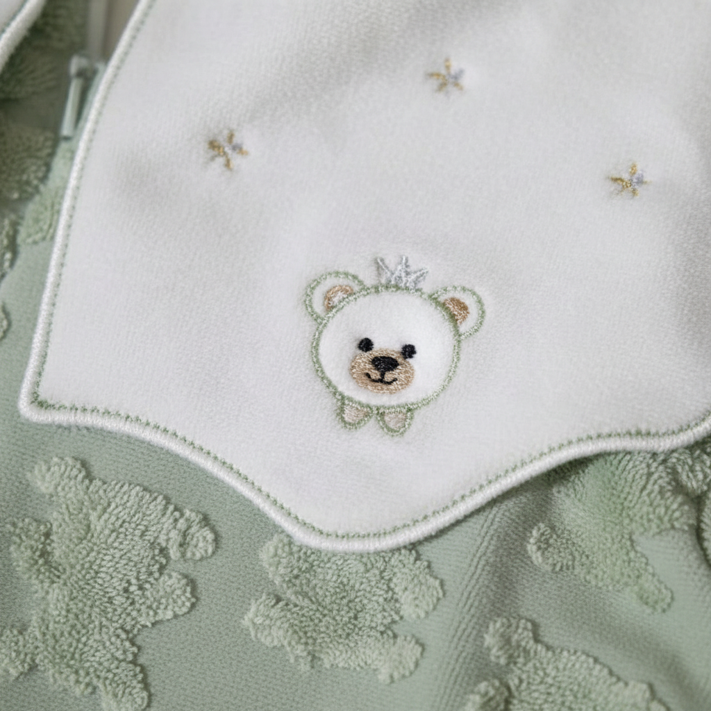 Velvet Footed Baby Sleepsuit with Embroidered Collar – Sage Green / Teddy – close-up of embroidered collar
