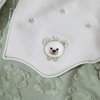 Velvet Footed Baby Sleepsuit with Embroidered Collar – Sage Green / Teddy – close-up of embroidered collar