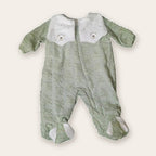 Velvet Footed Baby Sleepsuit with Embroidered Collar – Sage Green / Teddy – front, styled