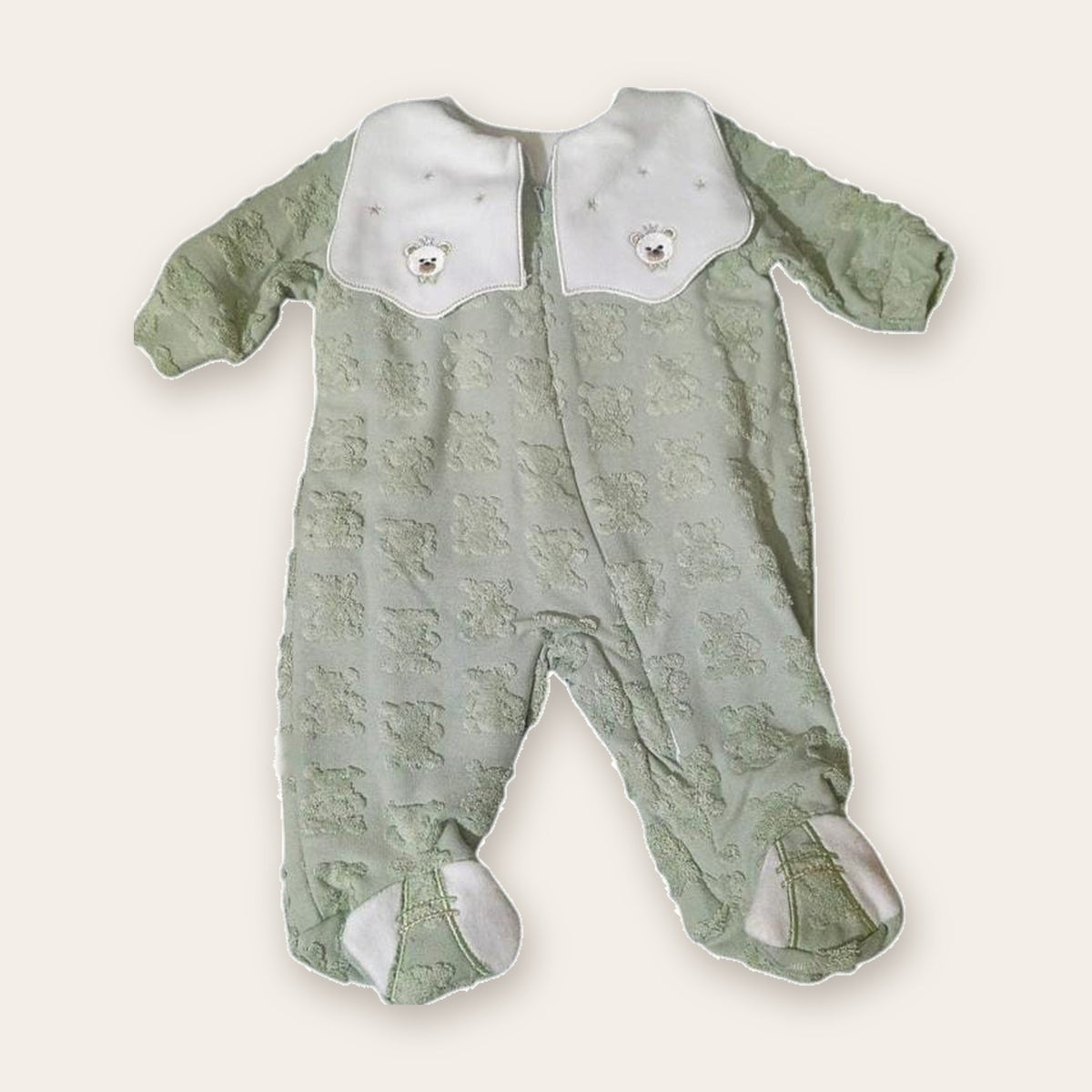 Velvet Footed Baby Sleepsuit with Embroidered Collar – Sage Green / Teddy – front, styled