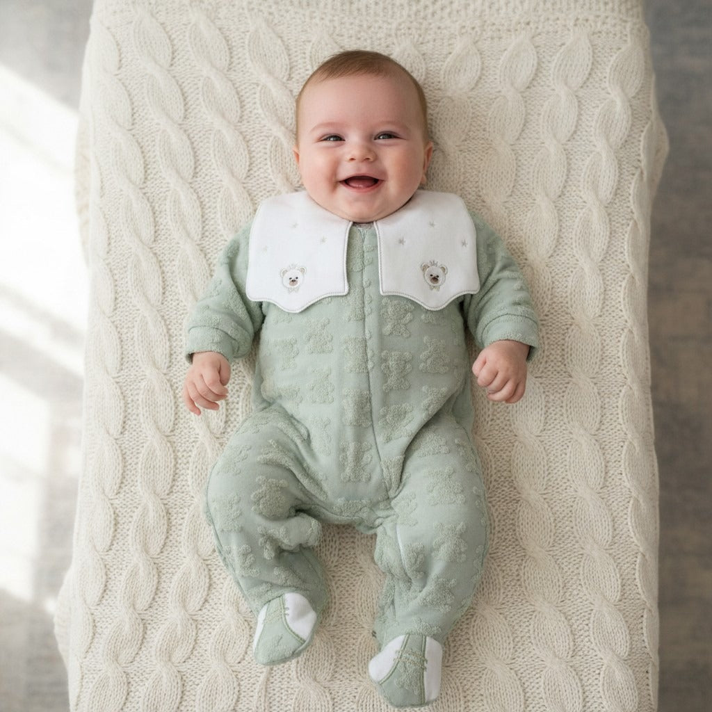 Velvet Footed Baby Sleepsuit with Embroidered Collar – Sage Green / Teddy – styled on baby