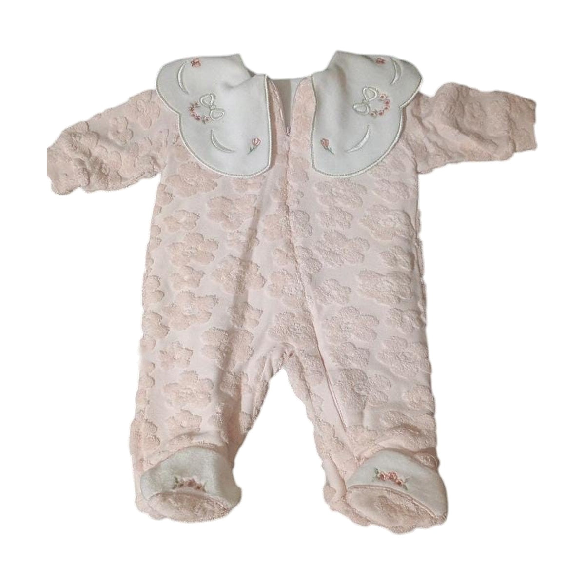 Velvet Footed Baby Sleepsuit with Embroidered Collar – Pink / Flowers – front