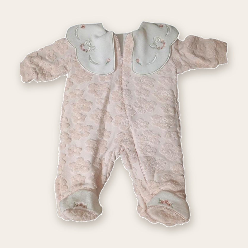 Velvet Footed Baby Sleepsuit with Embroidered Collar – Pink / Flowers – front, styled