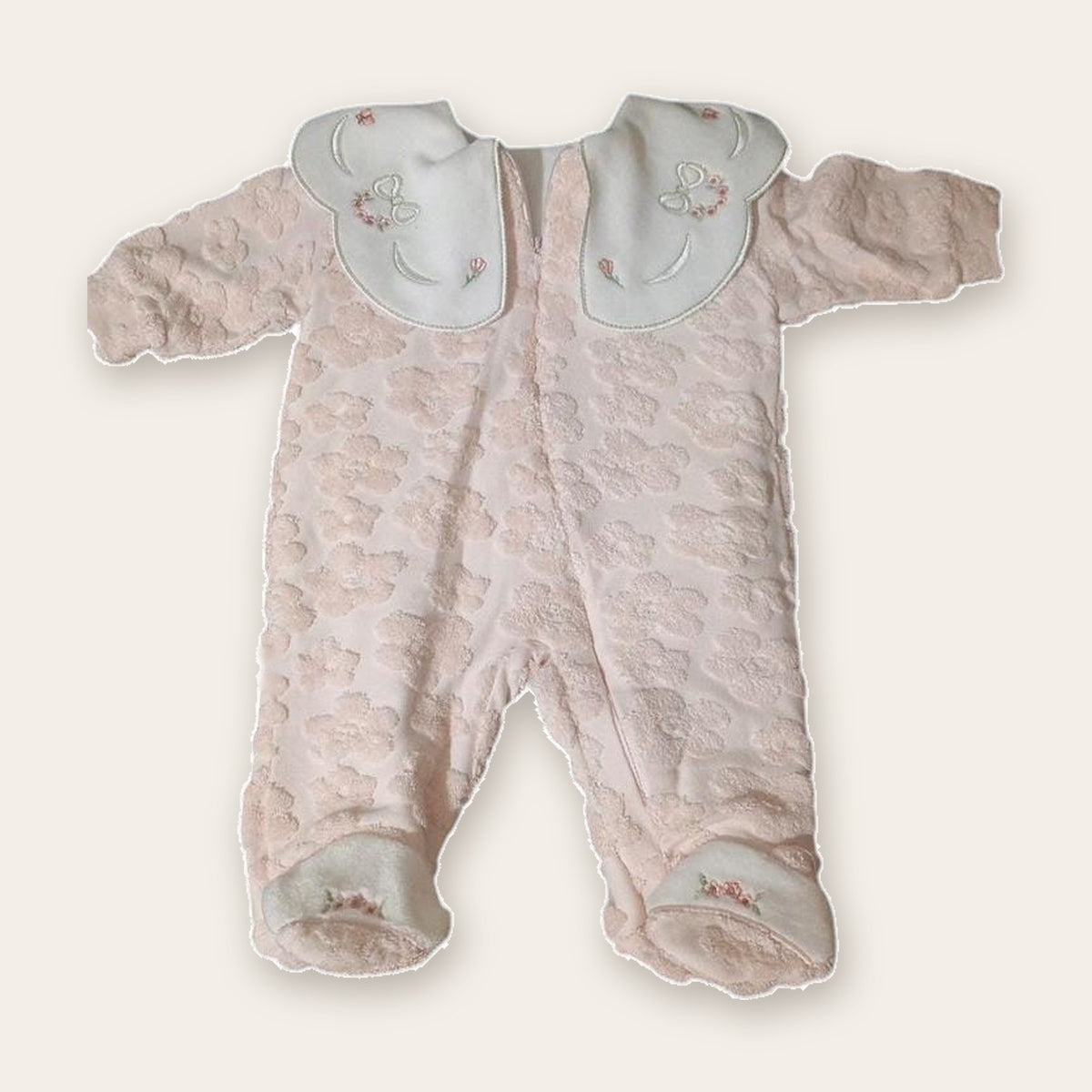 Velvet Footed Baby Sleepsuit with Embroidered Collar – Pink / Flowers – front, styled