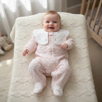 Velvet Footed Baby Sleepsuit with Embroidered Collar – Pink / Flowers – styled on baby