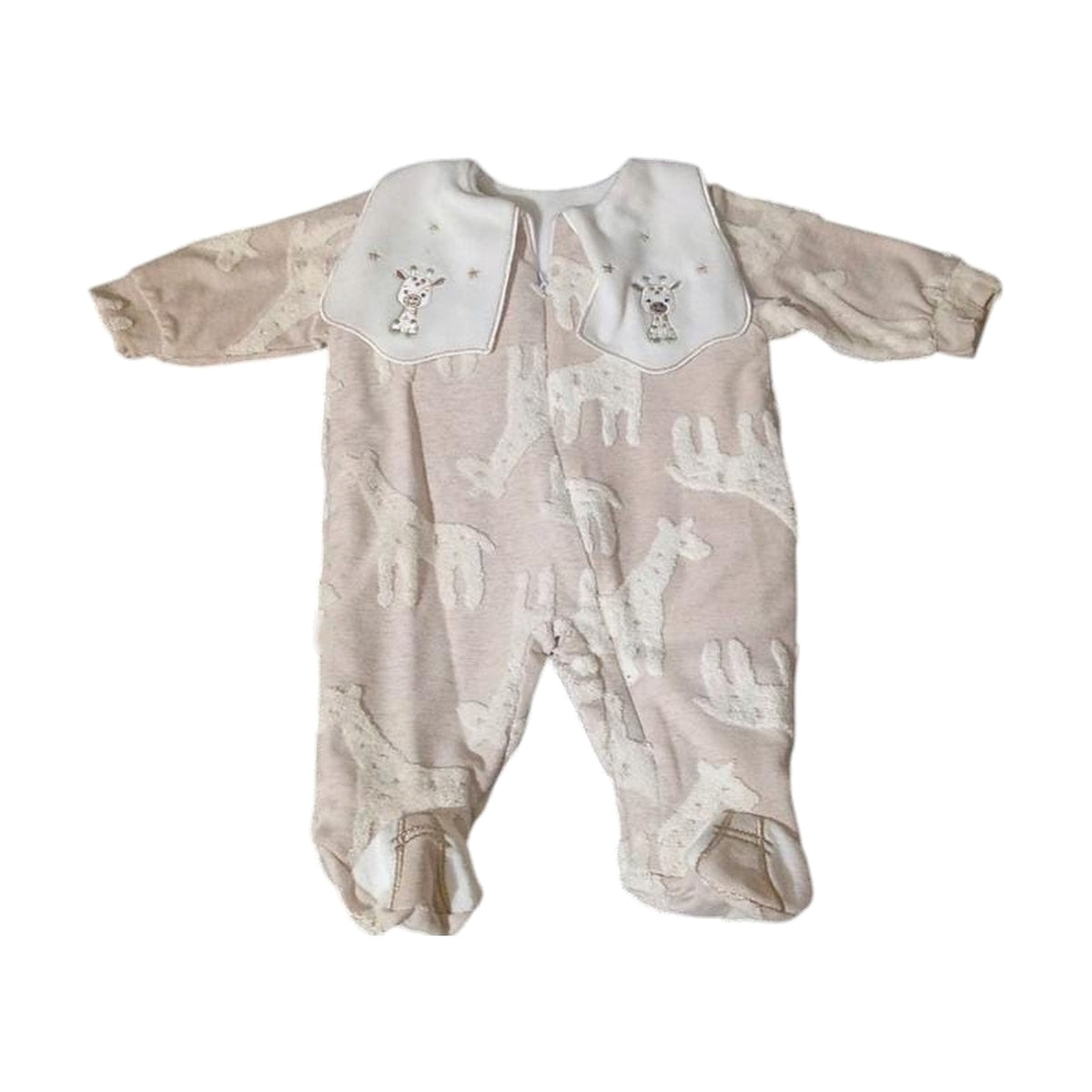 Velvet Footed Baby Sleepsuit with Embroidered Collar – Camel / Giraffe – front