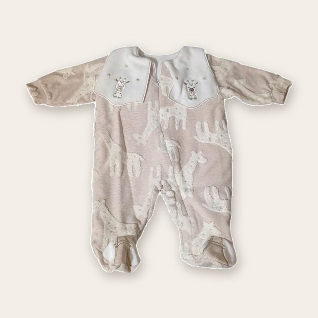 Velvet Footed Baby Sleepsuit with Embroidered Collar – Camel / Giraffe – front, styled