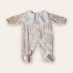 Velvet Footed Baby Sleepsuit with Embroidered Collar – Camel / Giraffe – front, styled