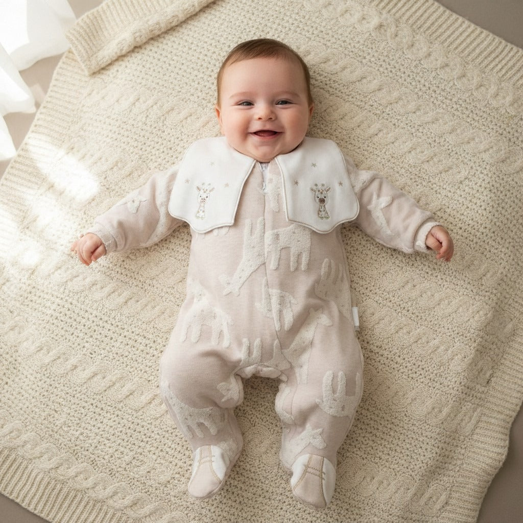 Velvet Footed Baby Sleepsuit with Embroidered Collar – Camel / Giraffe – styled on baby