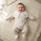 Velvet Footed Baby Sleepsuit with Embroidered Collar – Camel / Giraffe – styled on baby
