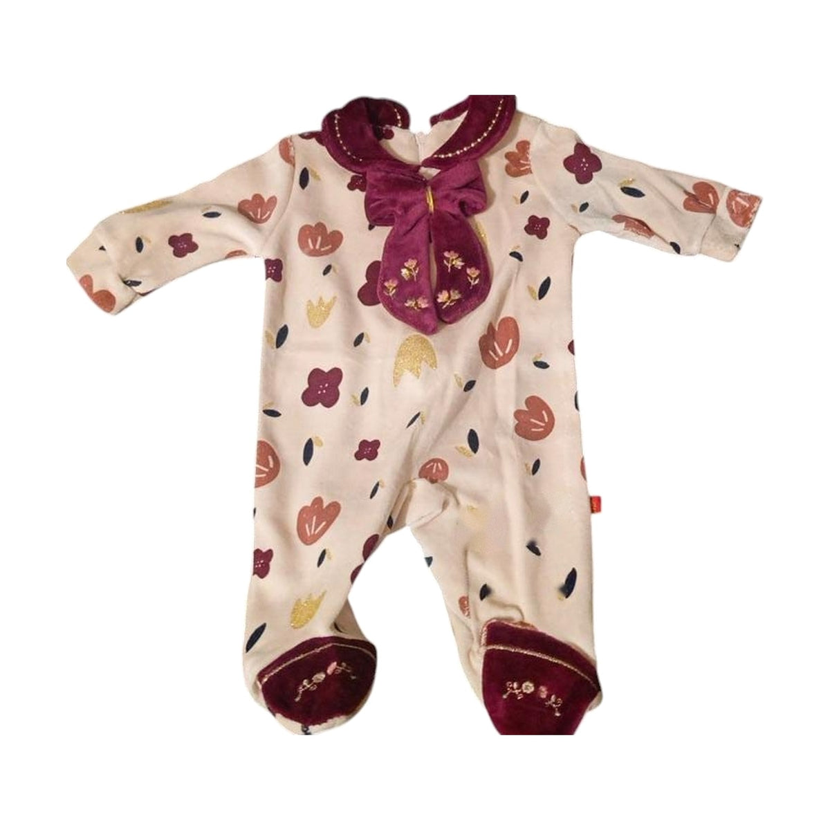 Floral Velvet Footed Baby Sleepsuit with Bow – Cream / Burgundy – front