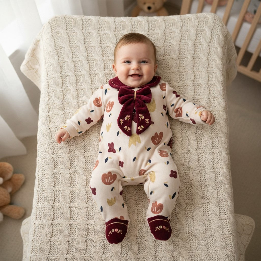 Floral Velvet Footed Baby Sleepsuit with Bow – Cream / Burgundy – styled on baby