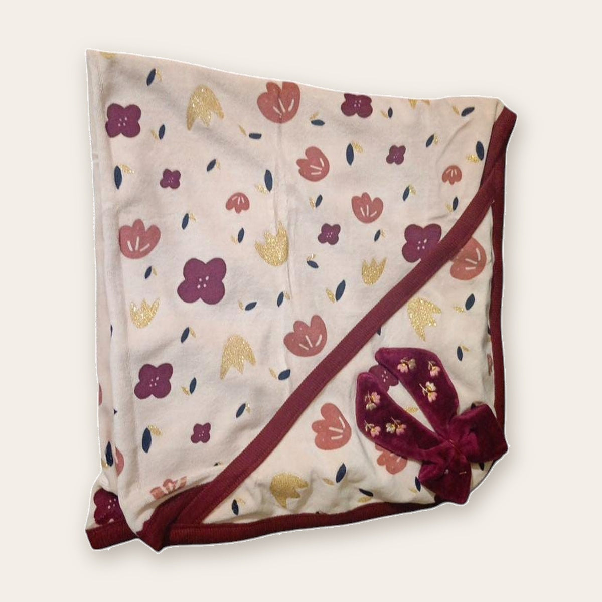 Floral Velvet Hooded Baby Blanket – front, styled