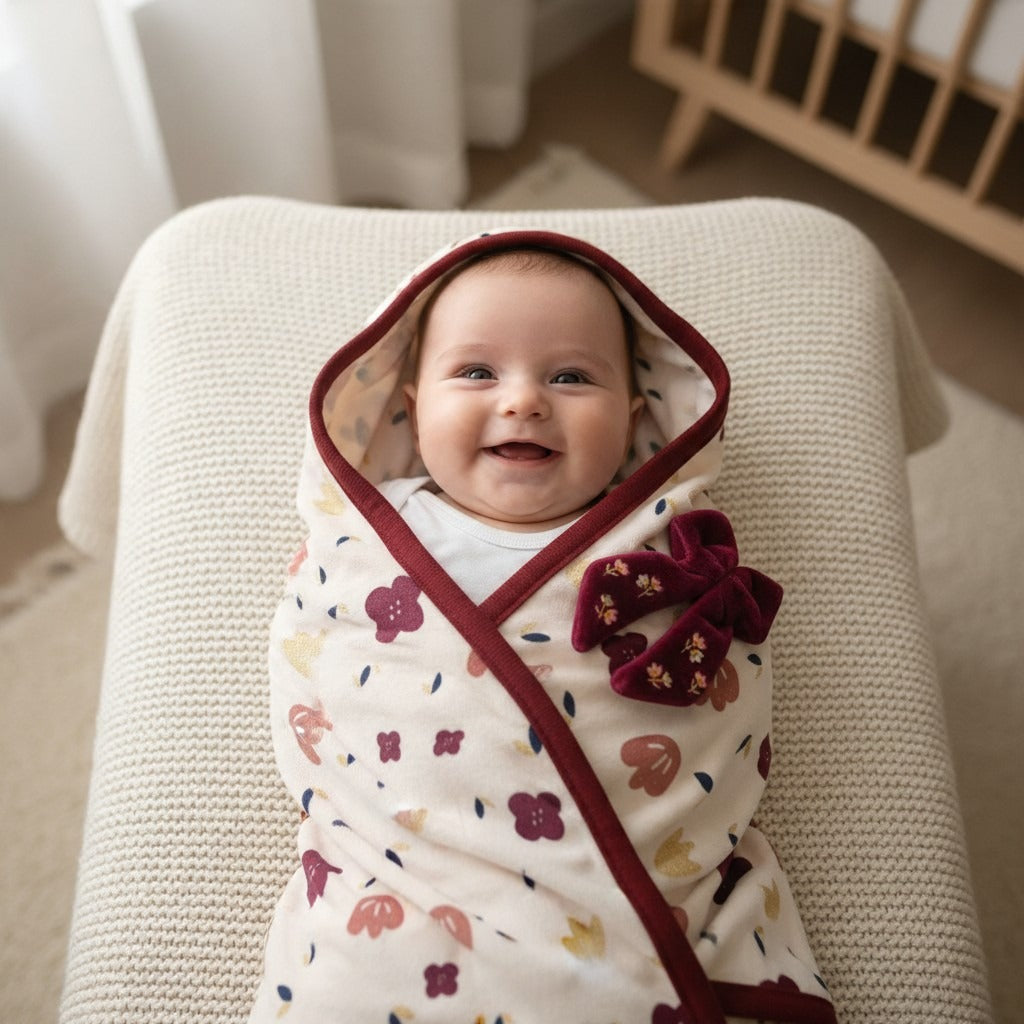 Floral Velvet Hooded Baby Blanket – Cream / Burgundy – styled on baby